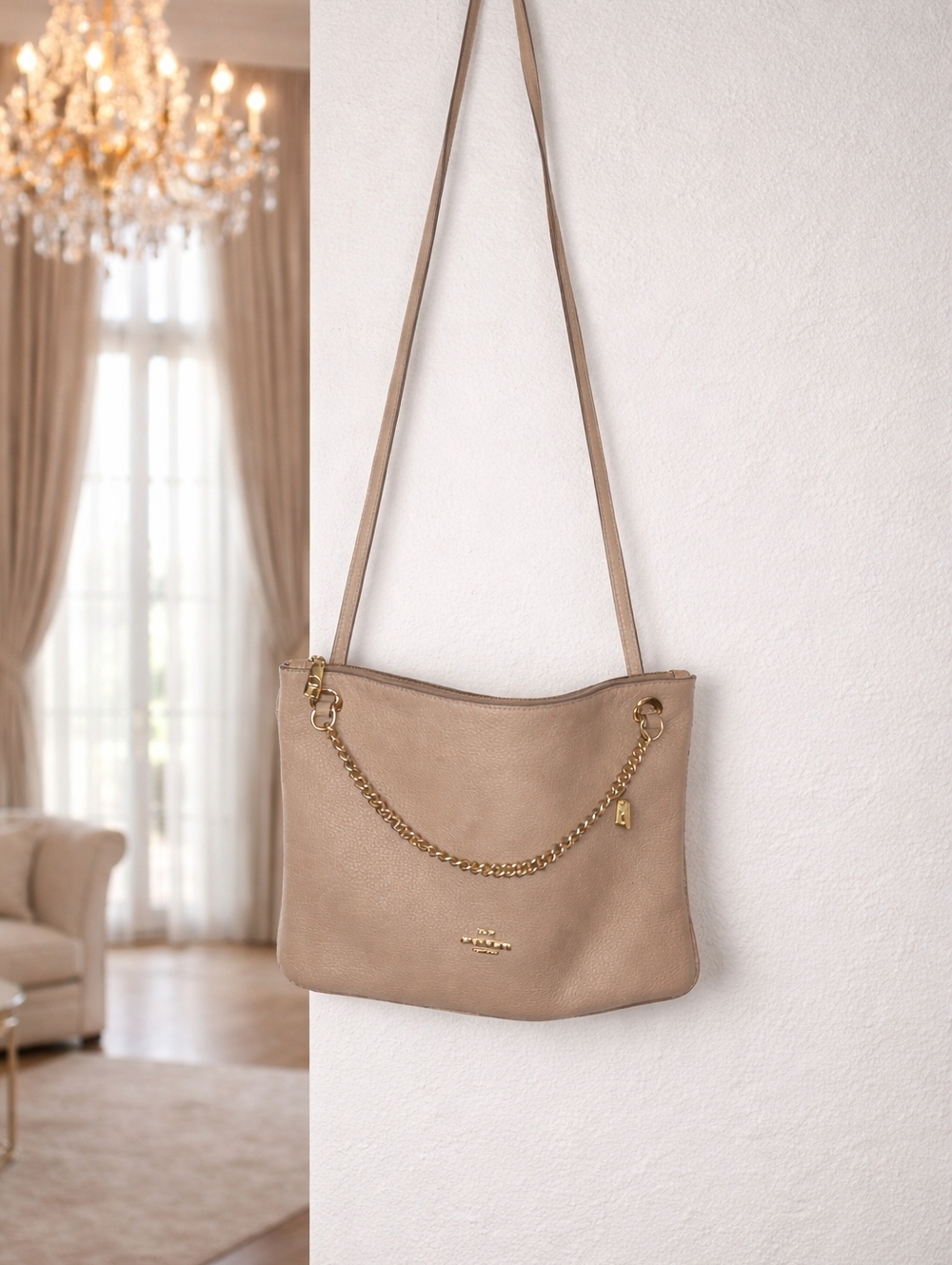 Coach Pebbled Leather Chain Shoulder Bag | Soft Nude Beige | Gold | Elegant